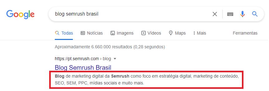 print da SERP com um exemplo de meta description