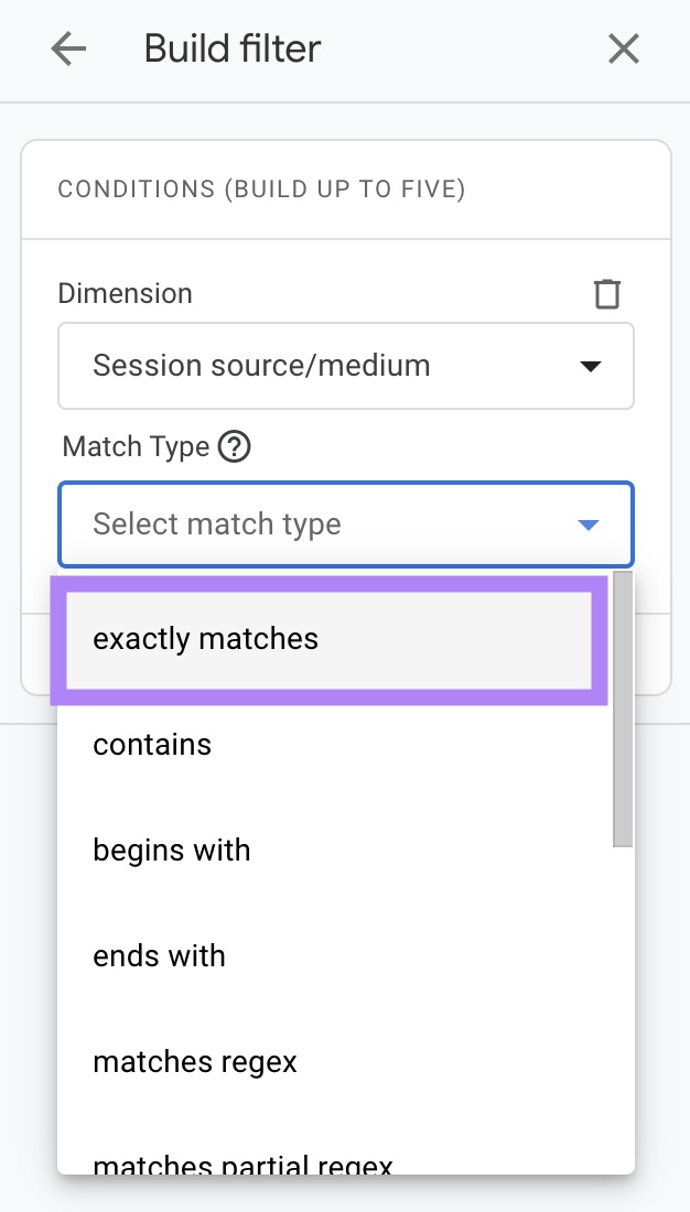„Filter erstellen“ in Google Analytics mit geöffnetem Dropdown-Menü „Übereinstimmungstyp“ und Auswahl von „genaue Übereinstimmung“