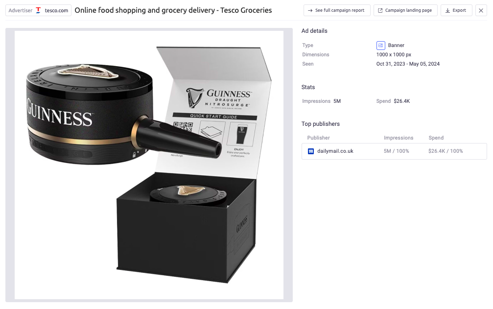 Analyse détaillée des dépenses, des impressions et des éditeurs d'une publicité