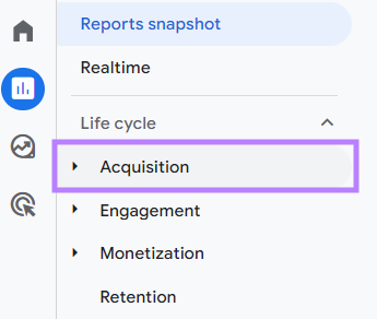 "Adquisición" seleccionada en el menú Ciclo de vida