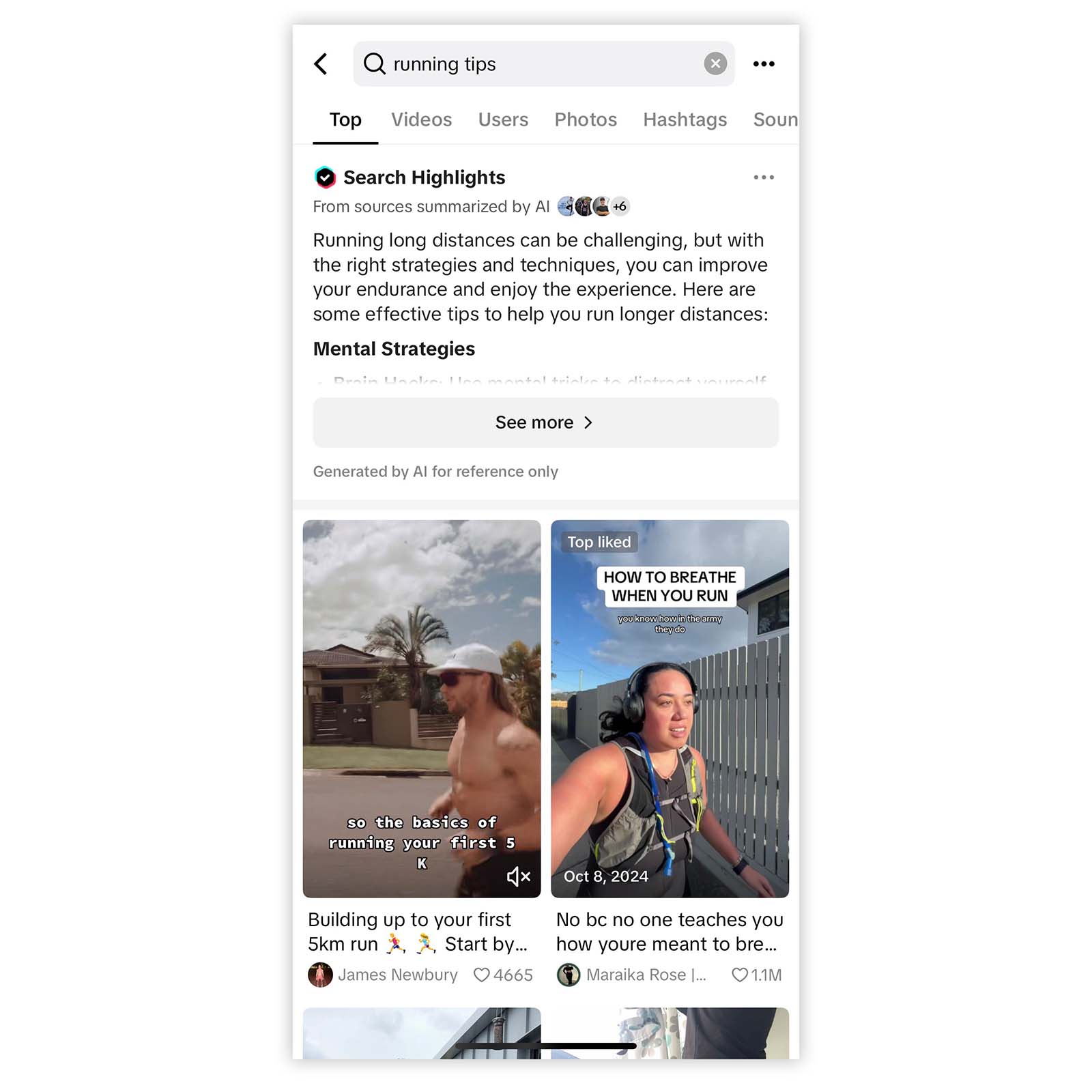 TikTok shows AI-highlighted tips on long-distance running along with popular short videos featuring advice and commentary.