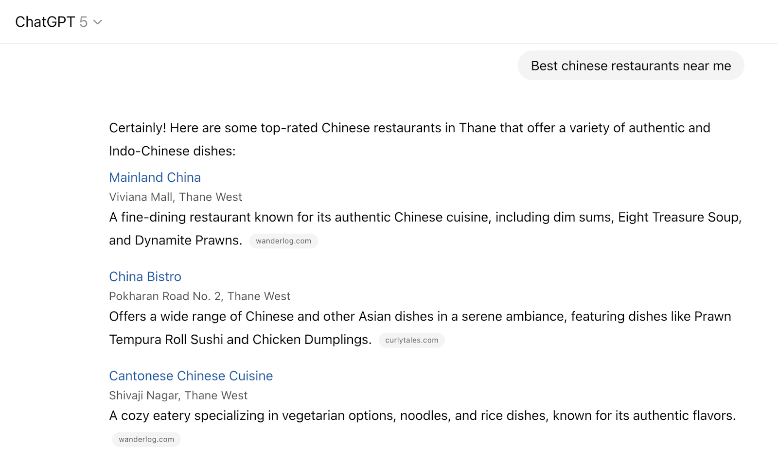 Uma pesquisa local no ChatGPT inclui hiperlinks azuis, mas nenhuma imagem.