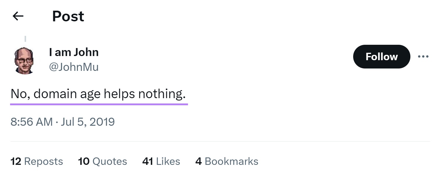 JohnMuのXへの投稿 "いや、ドメイン年齢は何の役にも立たない。
