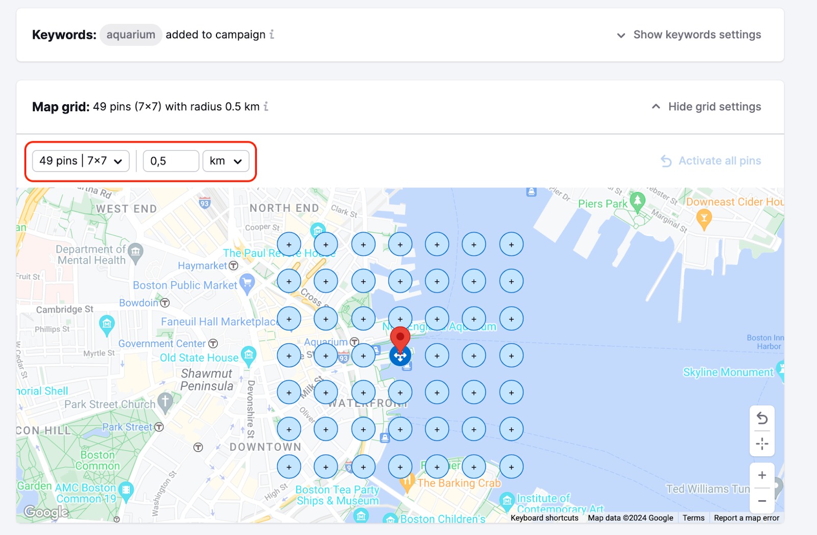 The map will show a grid of dots. Grab and drag this grid with your mouse to your desired search area. You can also easily designate specific measurements above the map in the 'Grid settings' section highlighted with a red rectangle above the grid. &nbsp;