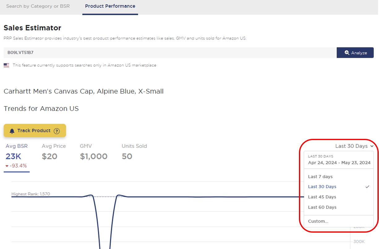 An example of a product result in the &lsquo;Sales Estimator&rsquo; tool in Product Research Pulse.