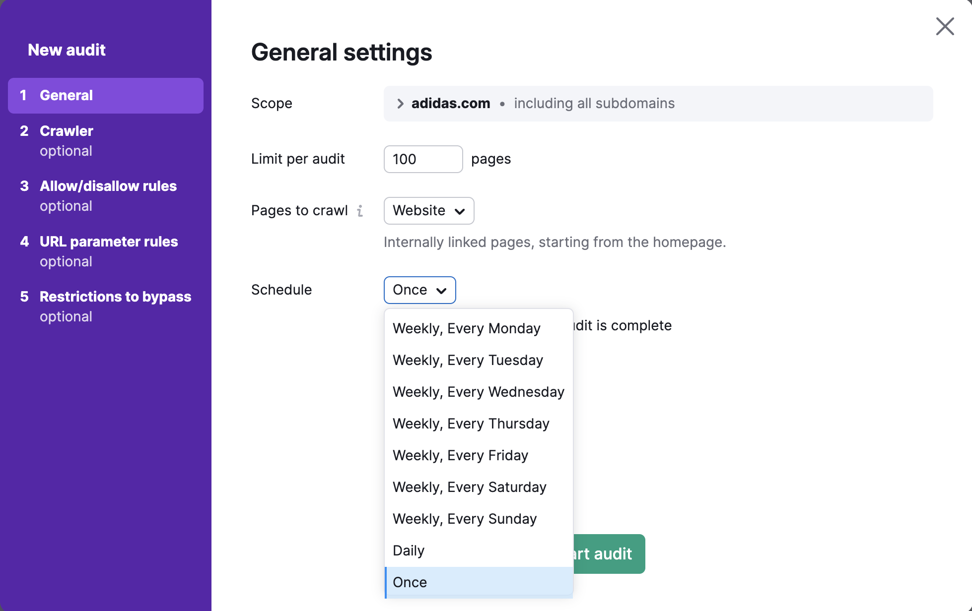 An example of schedule options. A dropdown menu is opened, demonstrating weekly option for each day of the week, daily, and one-time crawl option.