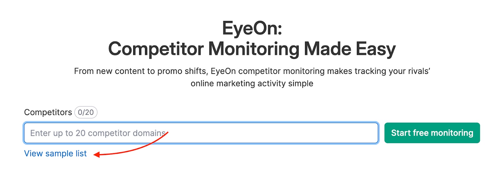 Starting page of EyeOn tool. Below the field reserved for entering domain URLs, a View sample list button is highlighted.