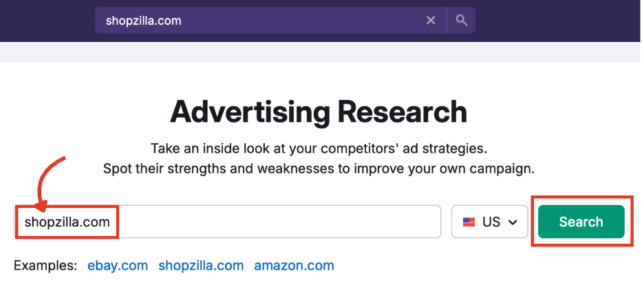 Search bar in Advertising Research with a domain entered.