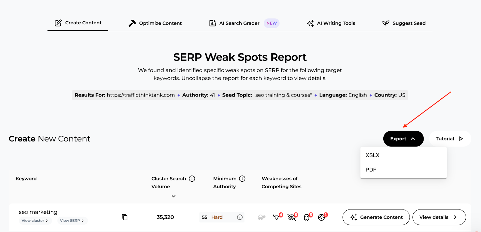 The options to export the data. 