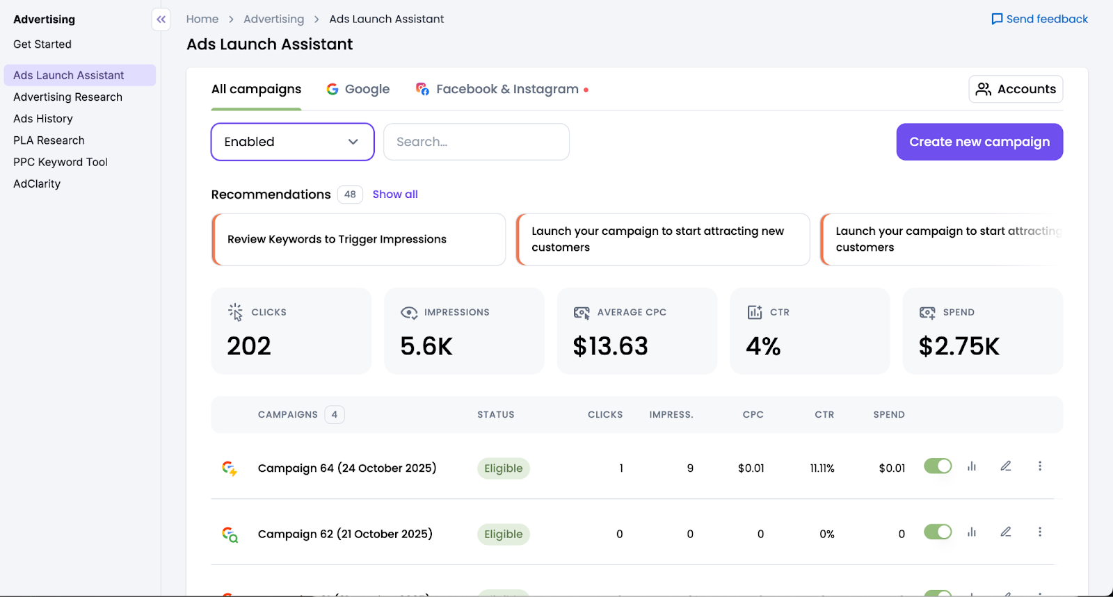 Campaign reporting in Ads Launch Assistant.