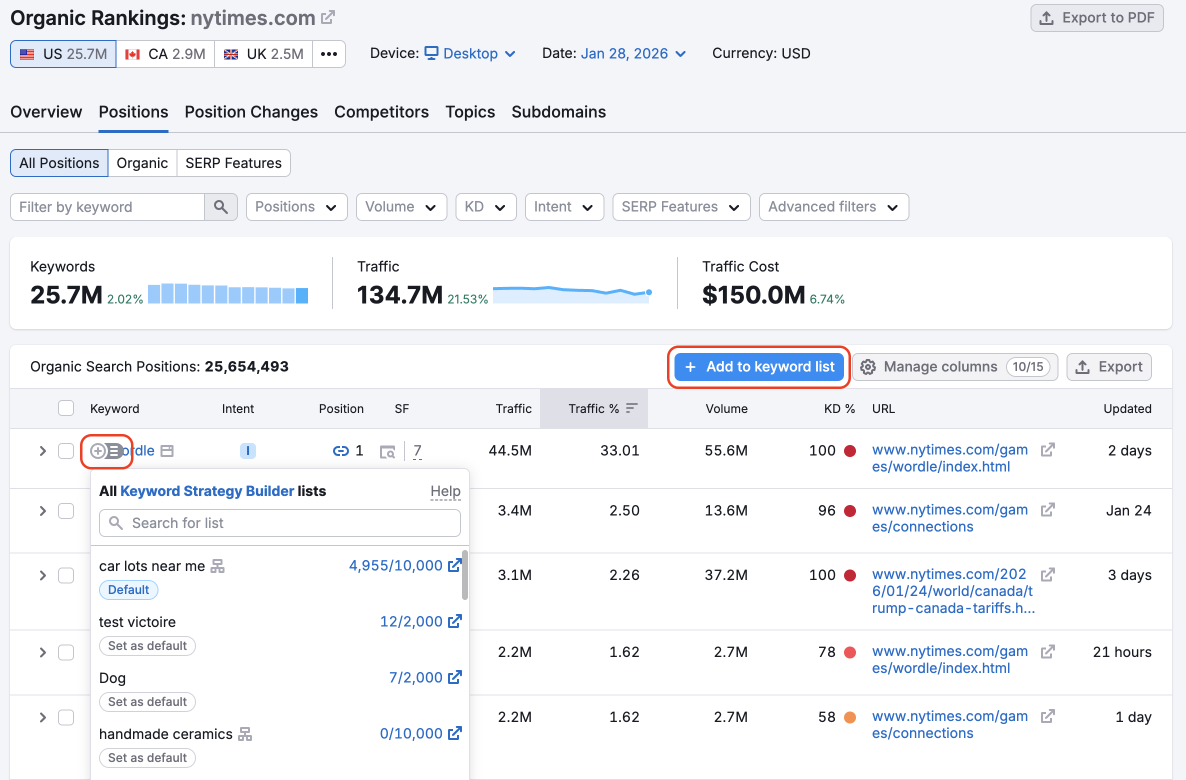 Add to keyword list button and plus icon next to keyword highlighted.