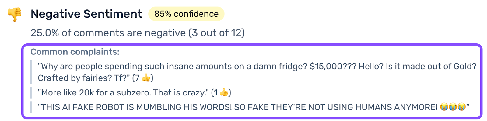 The app quotes real comments to show you the most common complaints.